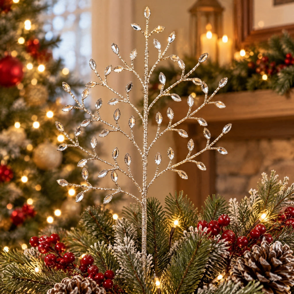 Champagne Gold Glitter and Gem Branch Decorative Christmas Pick, 18", by Holiday Time