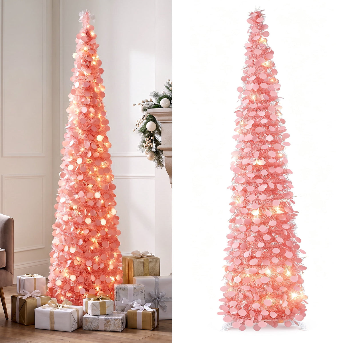 Ayieyill 5ft Pencil Christmas Tree, Collapsible Xmas Tree with Lights, Pop Up Tinsel Tree for Christmas Decorations Indoor, Pink White