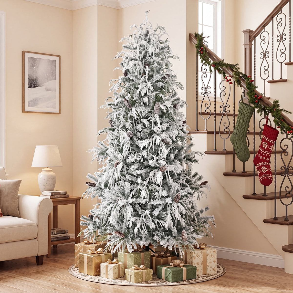 Costway 7 ft Flocked Cypress Christmas Tree with 710 Full PE Branch Tips, 350 LED Lights Sparse-Style White