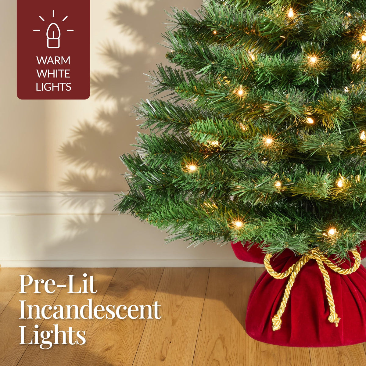 Best Choice Products Pre-Lit 24inch Tabletop Christmas Tree, Small Holiday Artificial Desktop Decor w/Warm White Lights, Red Velvet Cover
