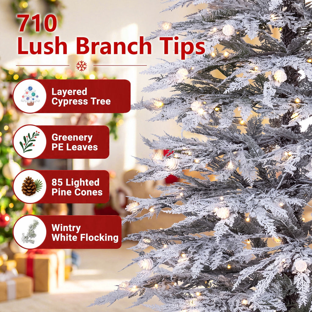 Costway 7 ft Flocked Cypress Christmas Tree with 710 Full PE Branch Tips, 350 LED Lights Sparse-Style White