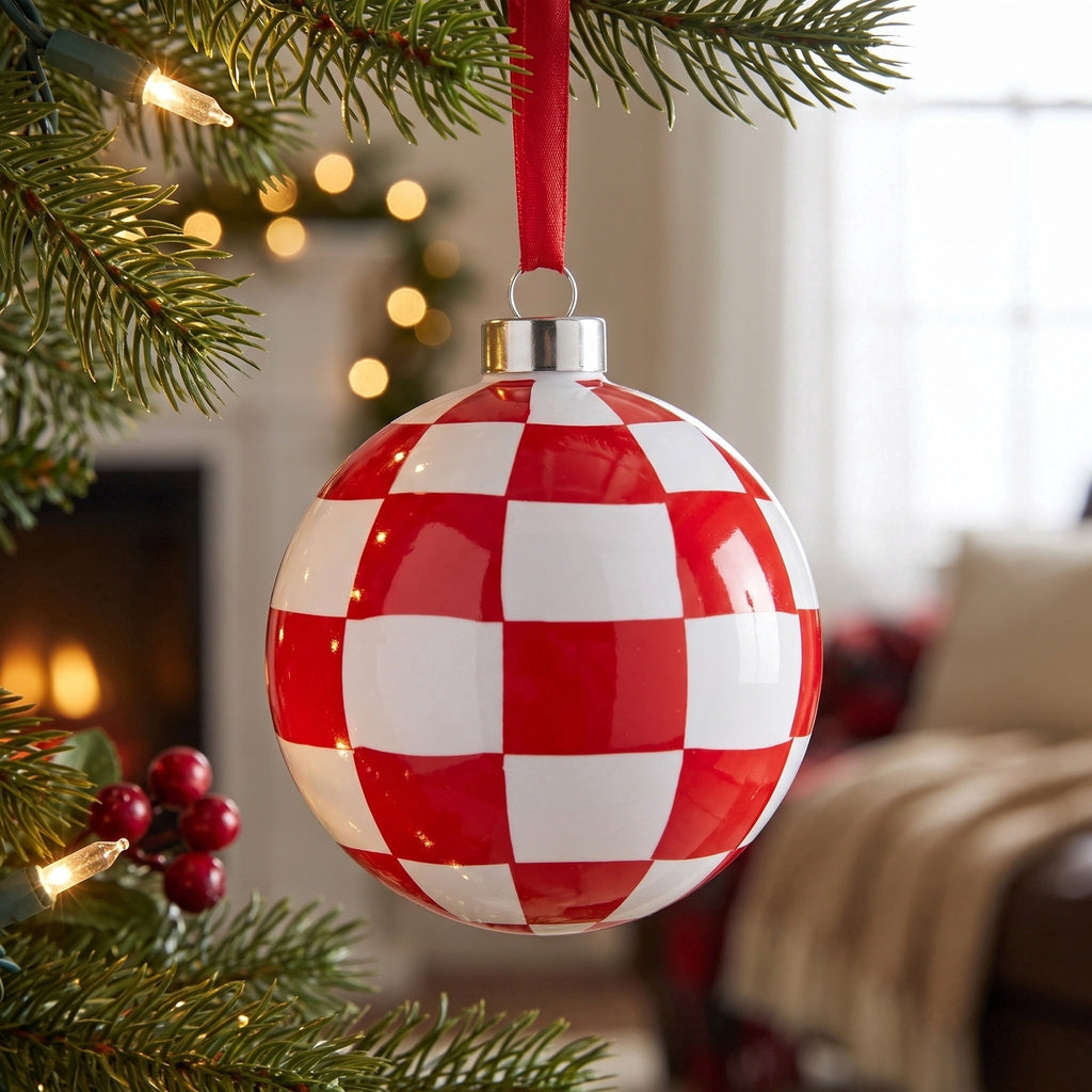 Red and White Checker Ball Glass Christmas Ornament, 3.8", by Holiday Time