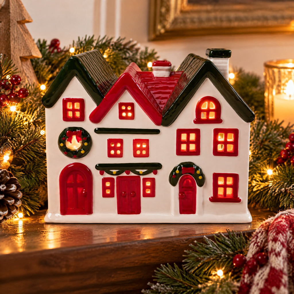 Light-Up Ceramic House Christmas Decoration, White/Red/Green, 7", by Holiday Time