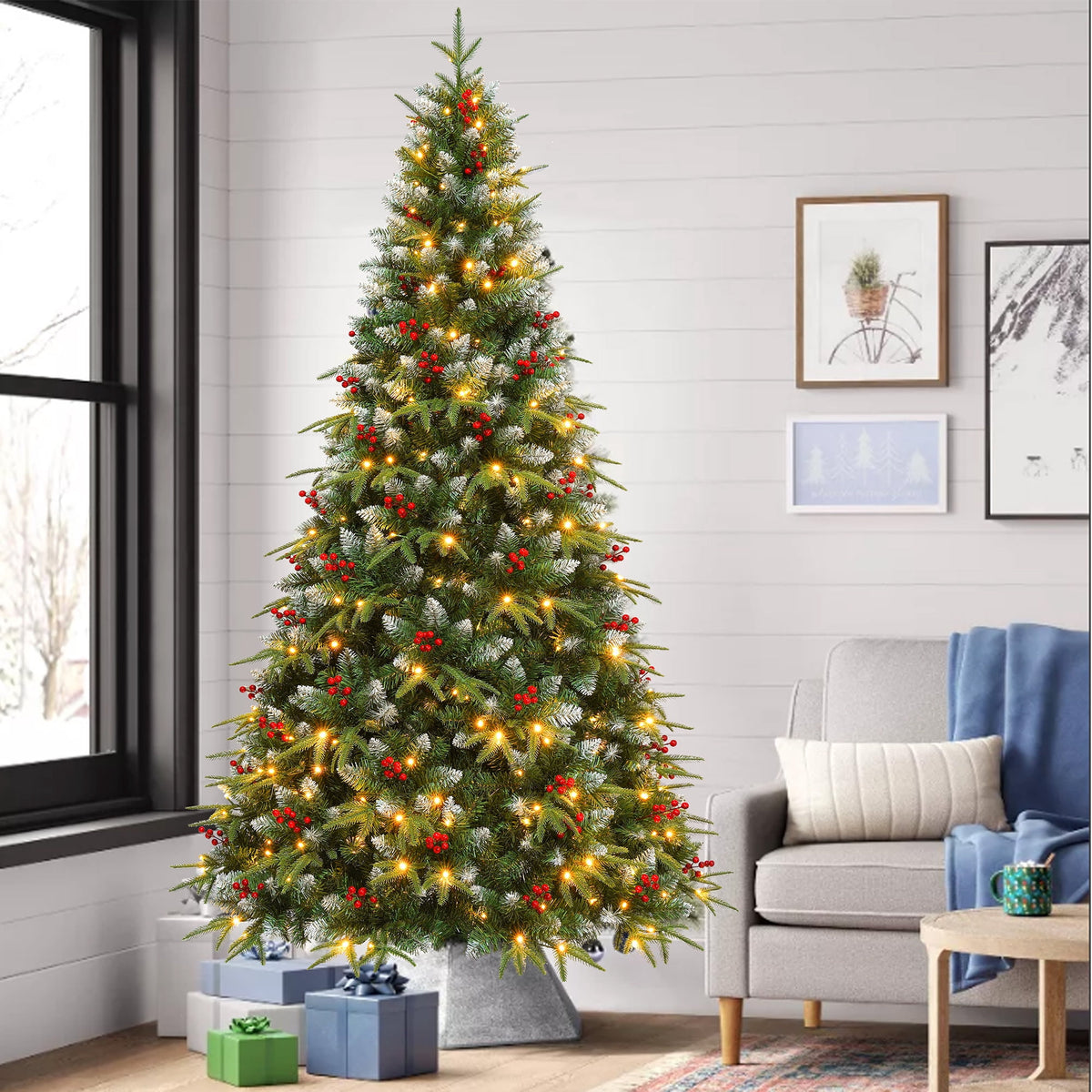 Yexmas 7.5ft Pre-Lit Artificial Christmas Trees,Green Xmas Tree with Large Christmas Tree Storage Bag,Berries, Realistic Artificial Christmas Trees for Home, Office, Party Decoration
