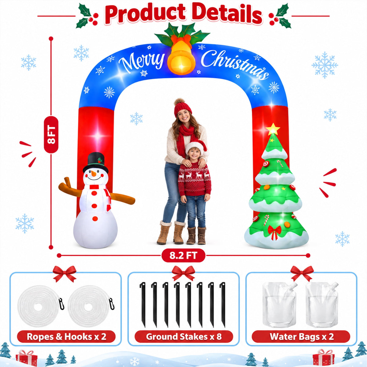 Yexmas 8FT Christmas Inflatable Archway,Christmas Blow Up Yard Decorations with Santa Claus and Snowman,Outdoor Christmas Decorations with Bow LED Lights