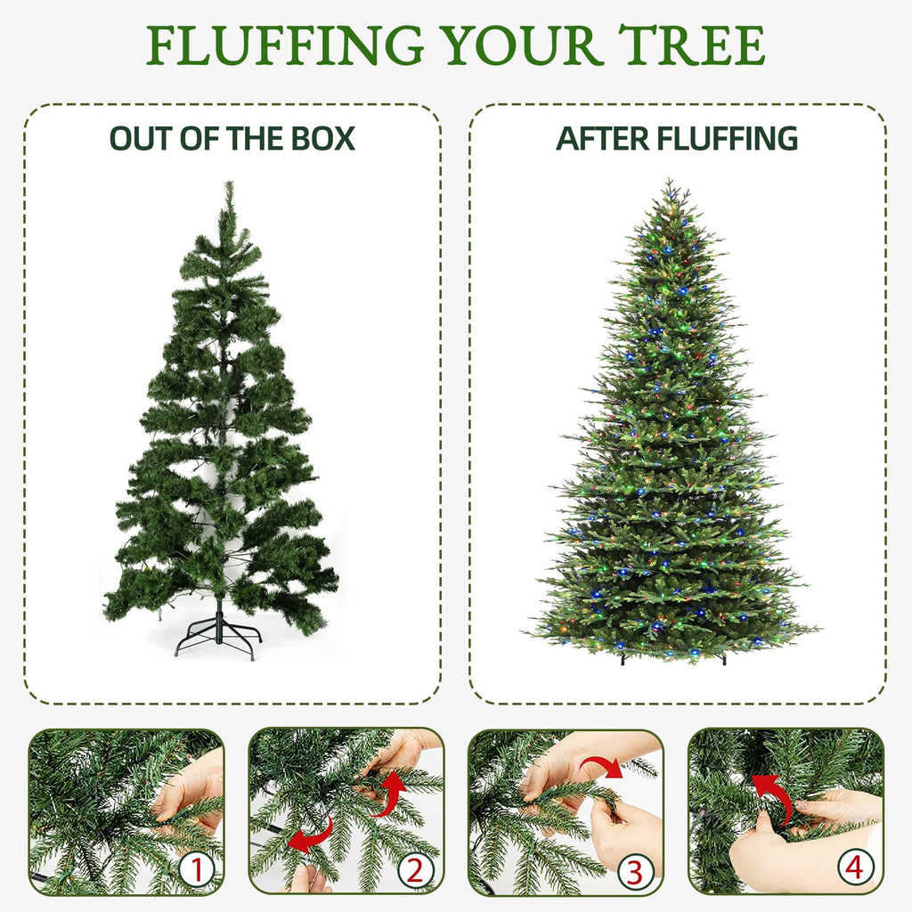 VIVATREES 7.5ft Pre-lit Artificial Christmas Tree Frasier Fir w/ 3325 PVC PE Hinged Branch Tips 450 Multi Color LED Lights Foldable Base