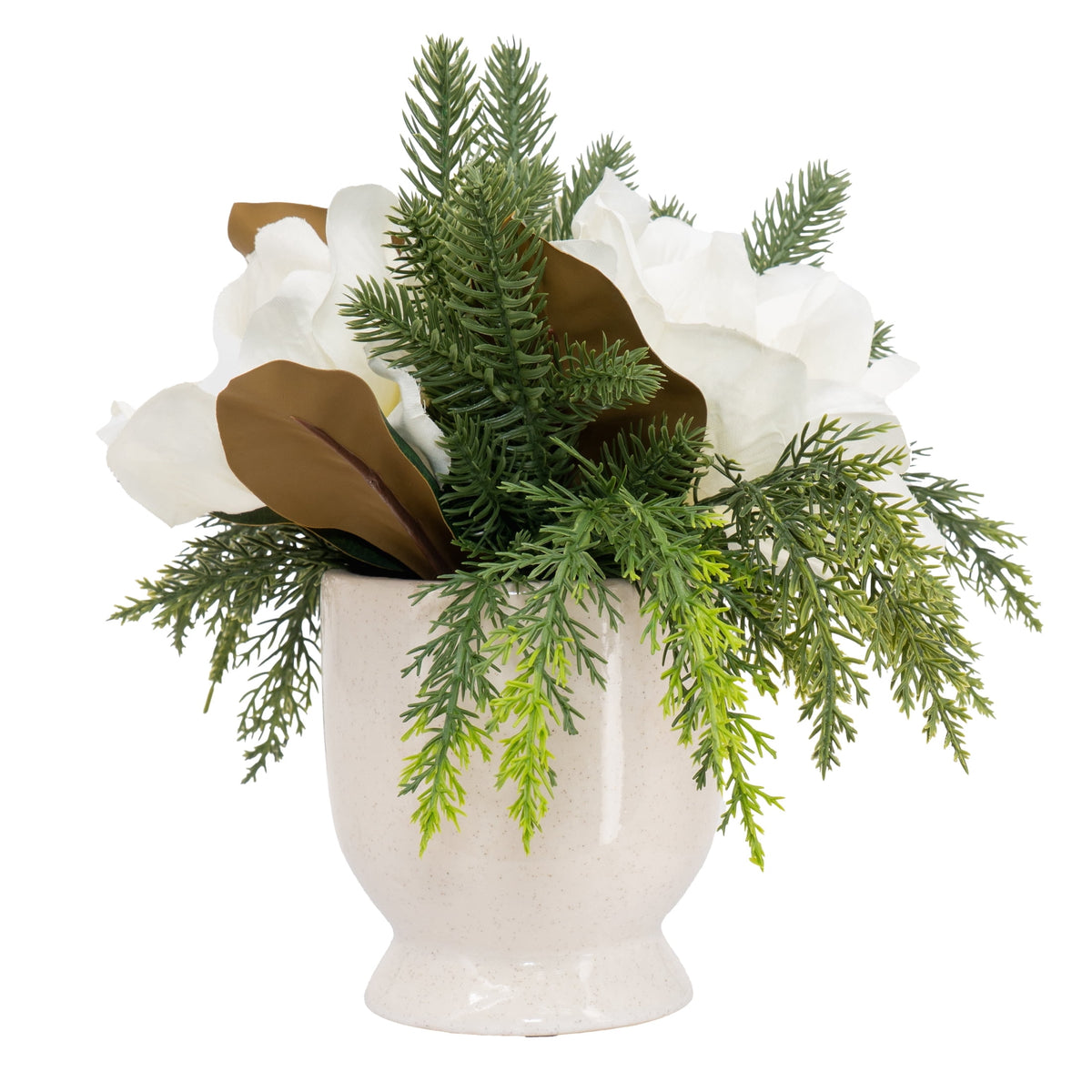 My Texas House Evergreen and Magnolia Christmas Arrangement in Pot, Green and White, 12"