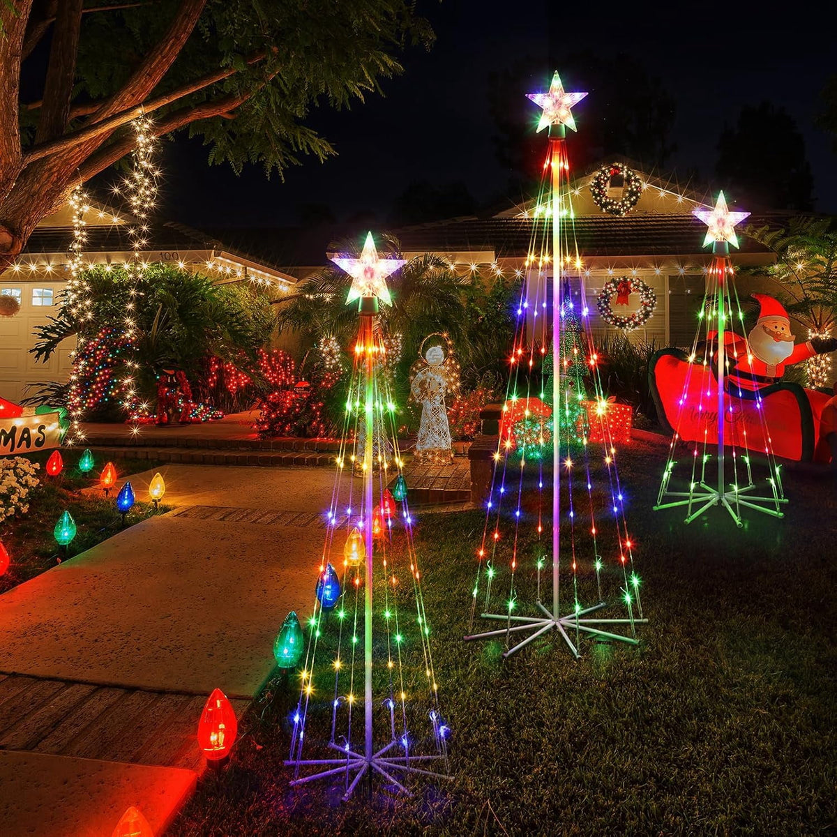 BTY KA 3-piece LED outdoor Christmas tree light show decoration, external lighting conical Christmas decoration with star decoration, courtyard porch backyard terrace,3 feet 4 feet 5 feet