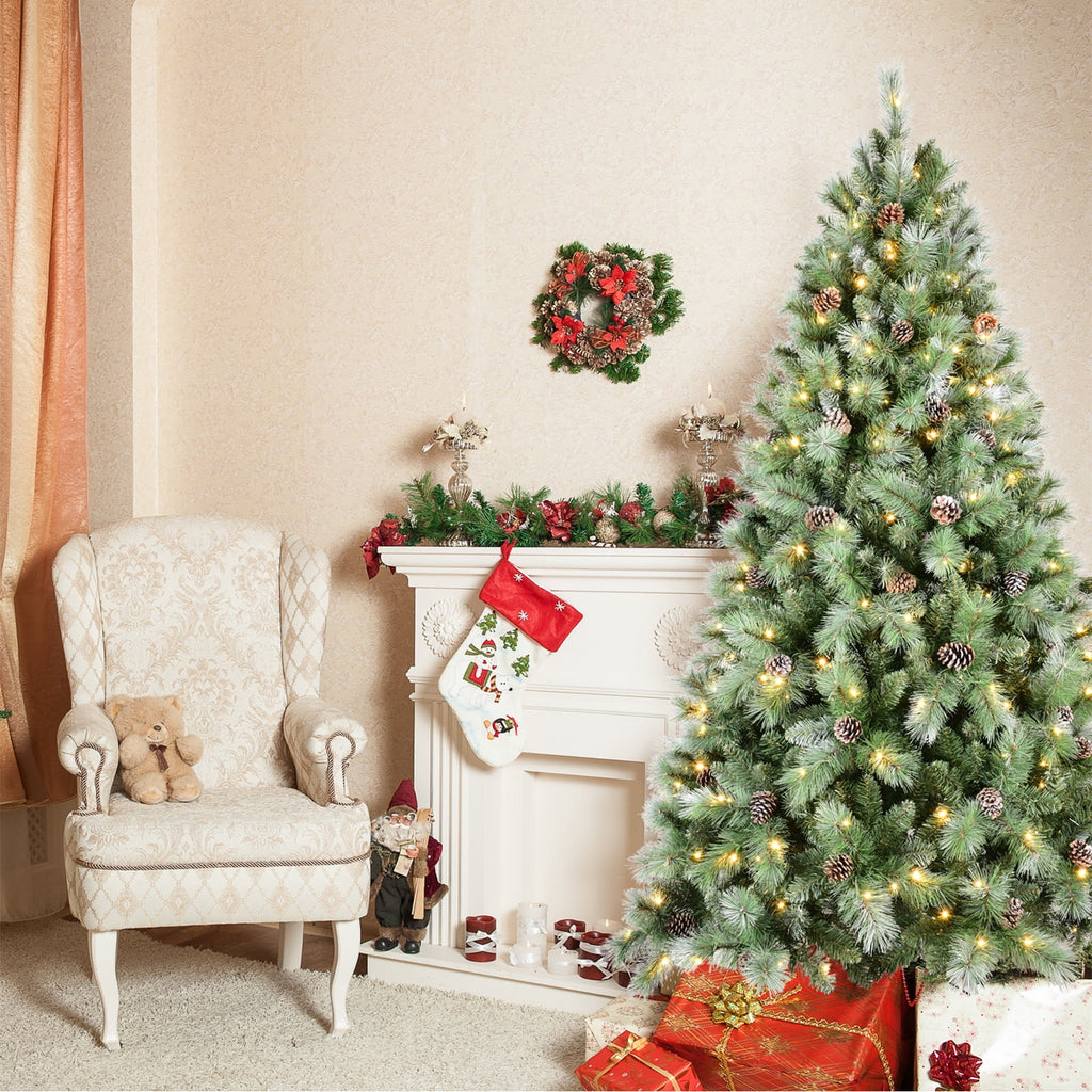 8FT PVC Artificial Christmas Tree White Needles Pine Cones Decor Premium Xmas Tree with 1858 Branch Tips Easy Assemble and Foldable Holiday Xmas Ornaments with Stand for Home Office Party Decoration