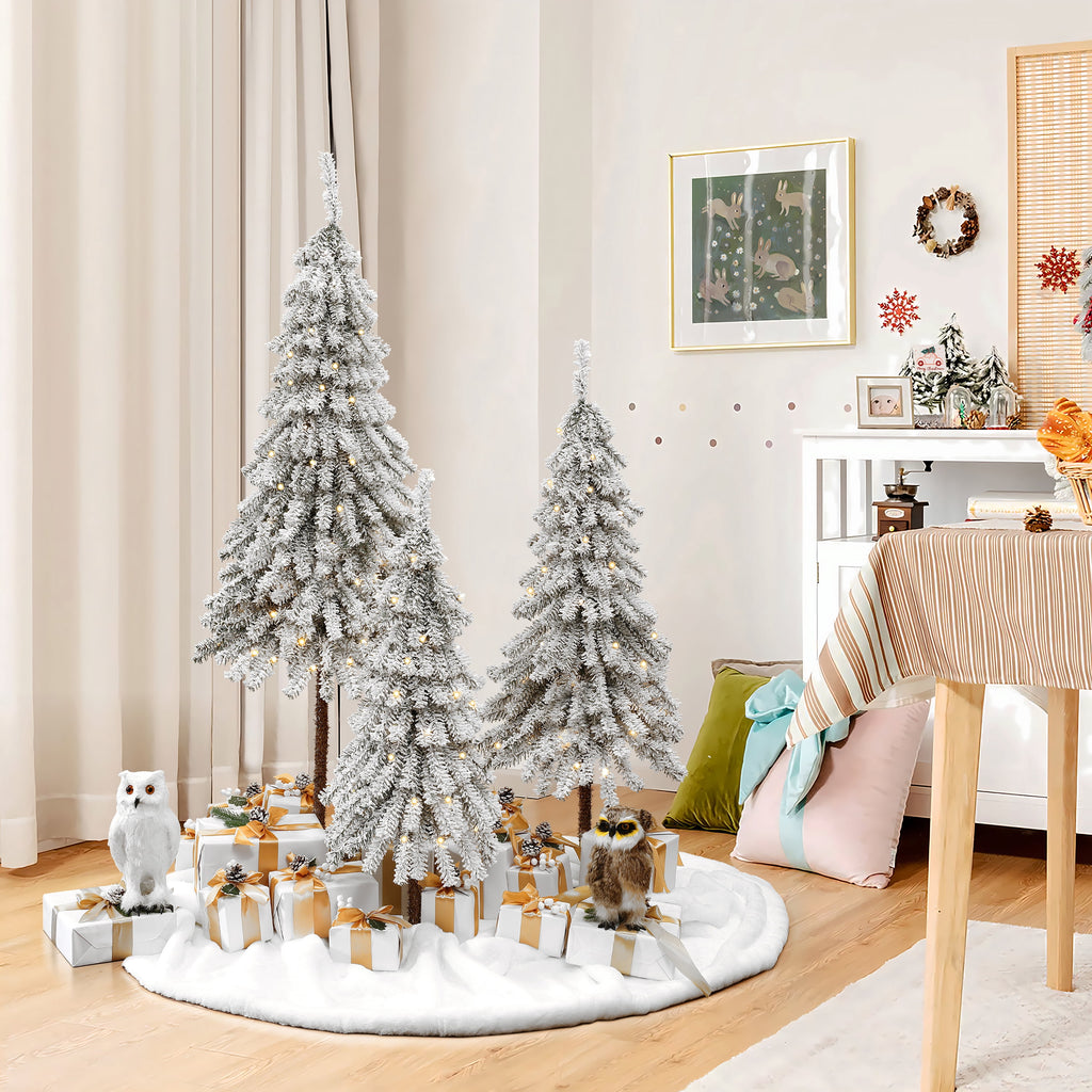LuxenHome 3-Piece Snow-Flocked Sweeping Branches Artificial Tree Set with Battery Operated Lights