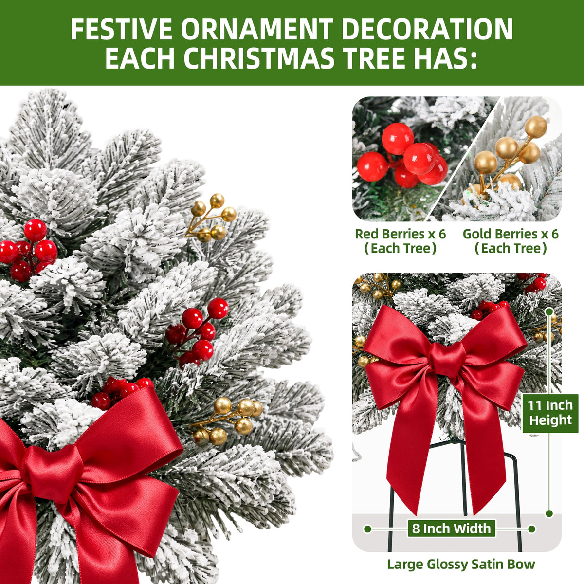 2PK Prelit Outdoor Christmas Trees Christmas Urn Pot Filler Snow Flocked Lighted Christmas Trees with 100 LED Warm White/Colorful Lights Timer 8 Modes for Front Door Porch Christmas Decoration