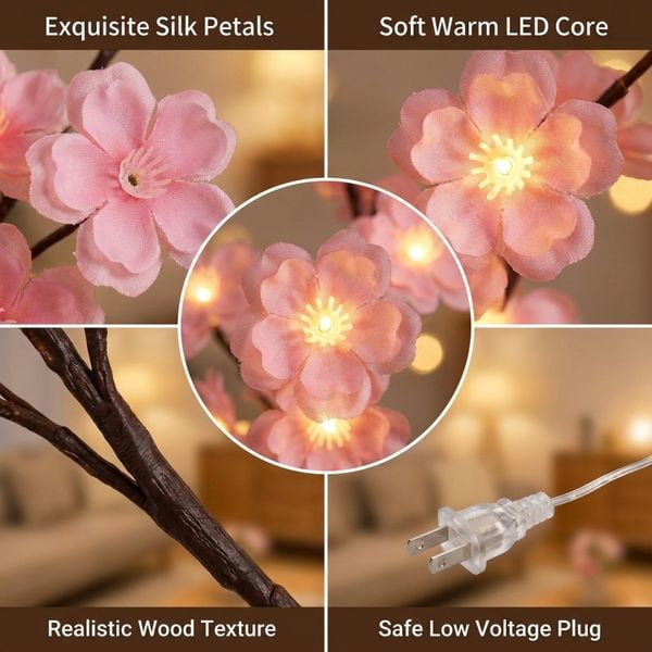 48LED/3.94FT Cherry Blossom Vine Lights with Remote Control, 8 Lighting Modes for Bedroom Wall and Indoor Decor