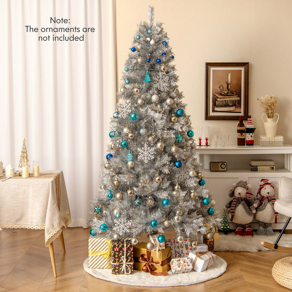 Gymax 7 FT Pre-Lit Artificial Christmas Tree Silver Tinsel Hinged Xmas Tree