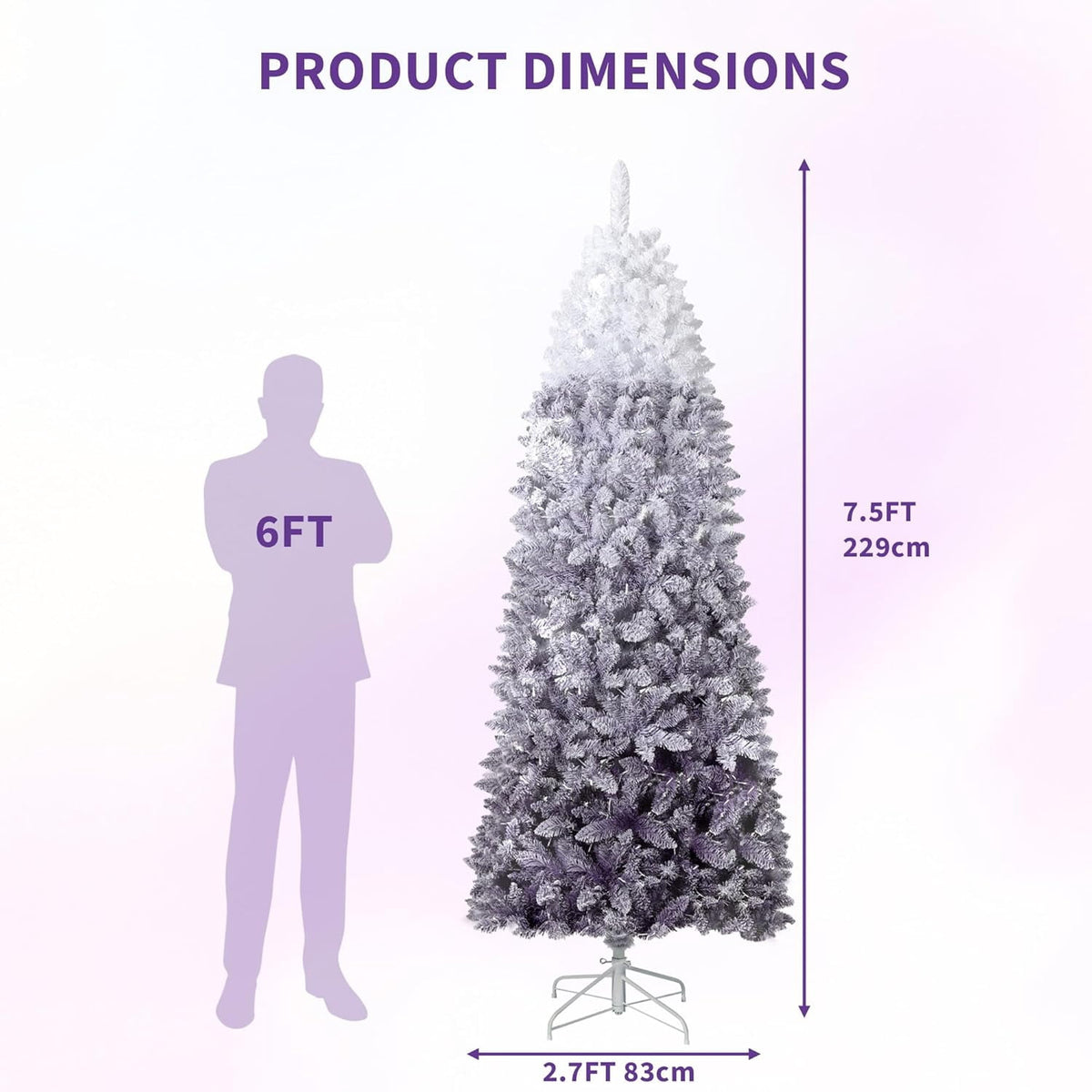 4.5/6/7.5/9 ft Flocked Pencil Christmas Tree with 100 Lights, Pre Lit Tall Skinny Christmas Tree with PVC Branch Tips, Premium Hinged Xmas Tree with Metal Base, Slim Artificial Christmas Tree