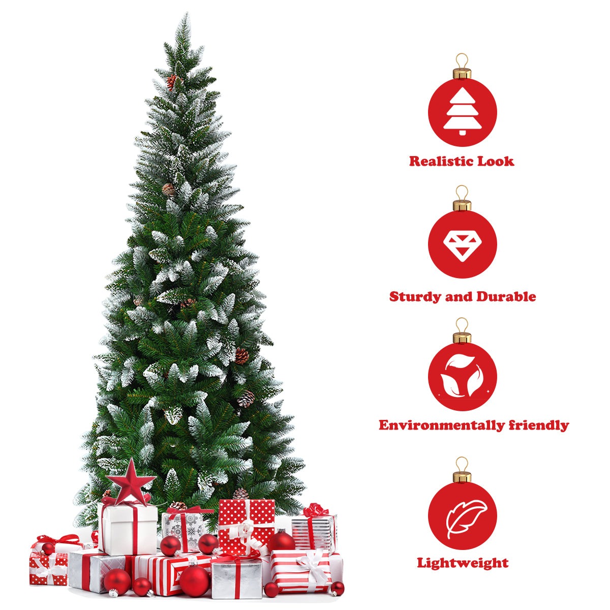 Topbuy 5'Artificial Pencil Christmas Tree Snow Flocked Tree w/ Pine Cones and Metal stand