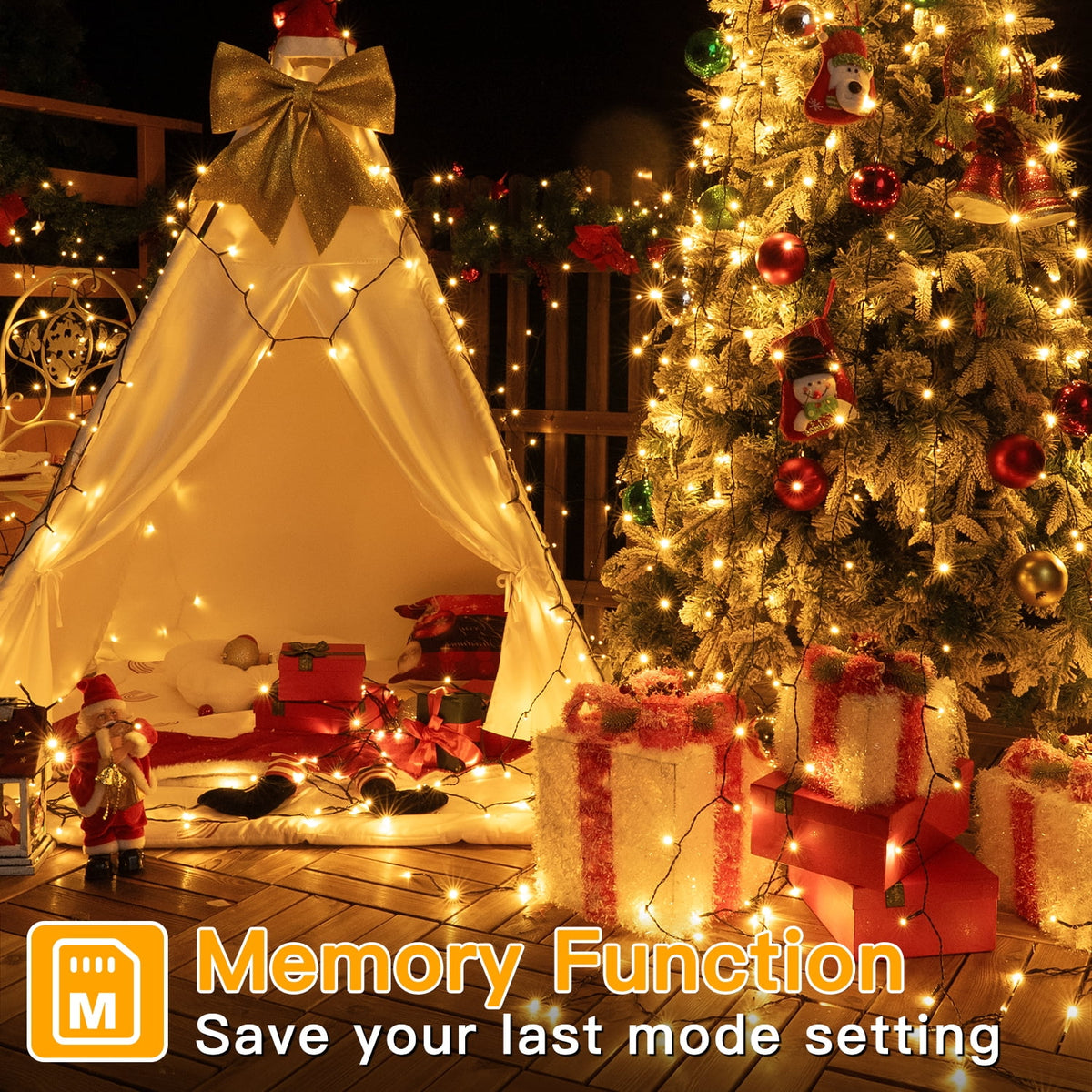 Ollny 66ft 200 LED Christmas String Lights, 8 Lighting Modes 3 Timing Waterproof Indoor Outdoor Christmas Lights for Party Garden Holiday, Warm-white