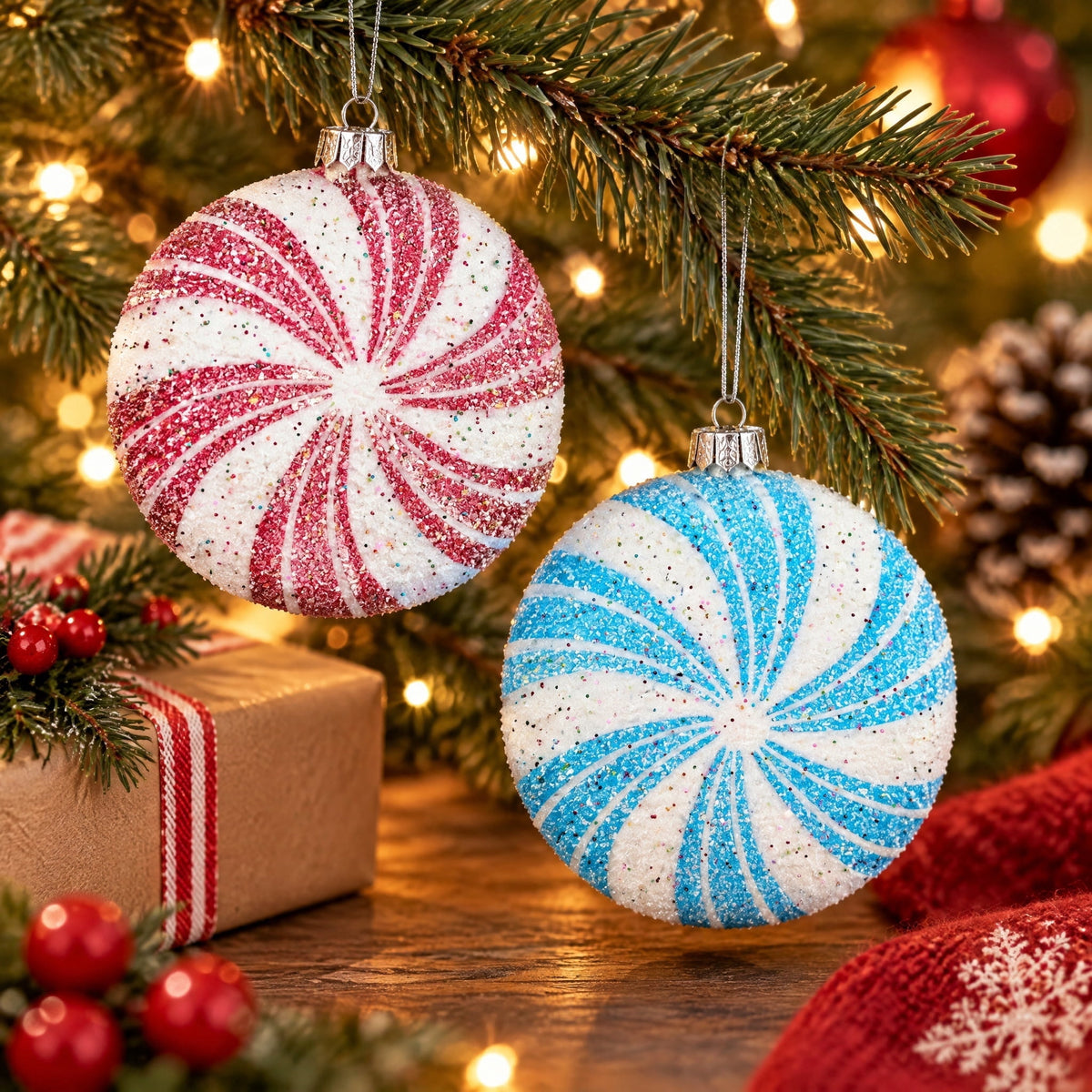 2-Count Red and White Jumbo Tinsel Candy Cane Shatterproof Christmas Ornaments, 14", by Holiday Time