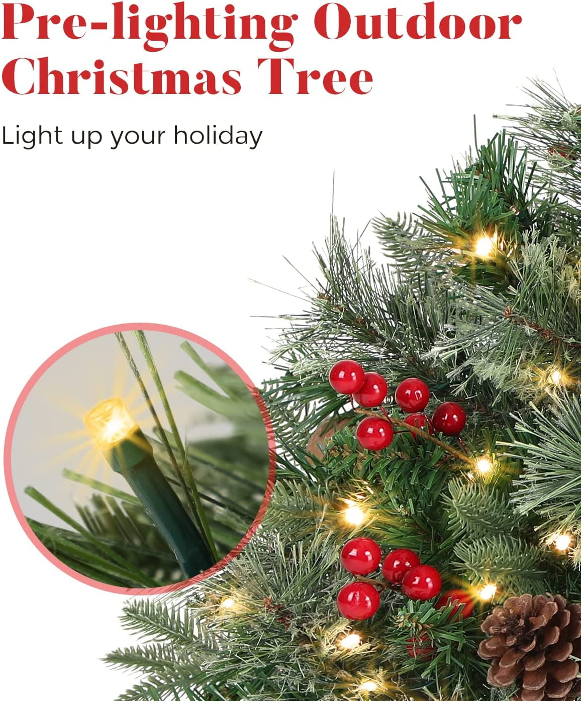 OasisCraft Outdoor Christmas Tree Frosted Urn Filler, Pre-lit Artificial Xmas Tree with Cones & Red Berries, 18 Inch Small Christmas Tree with 50 Warm Lights