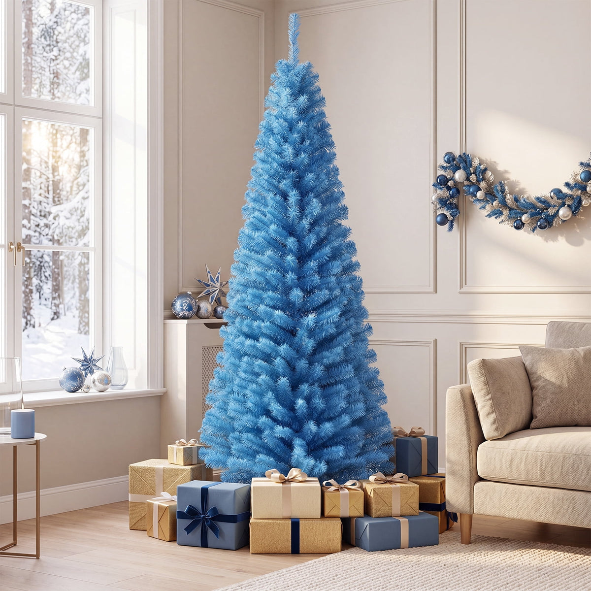 Costway 6FT Unlit Pencil Slim Tree Artificial Christmas Tree Metal Blue
