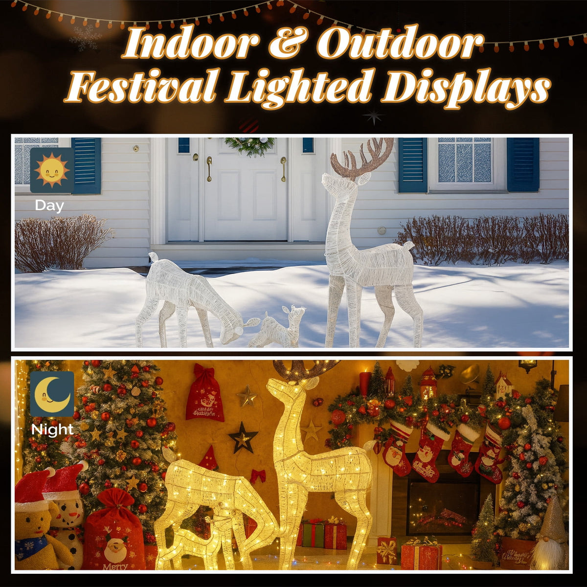 Ktaxon Christmas Outdoor Decor 4FT Lighted Reindeer Set 3Pcs Yard Deer Decorations LED Lights - Gold