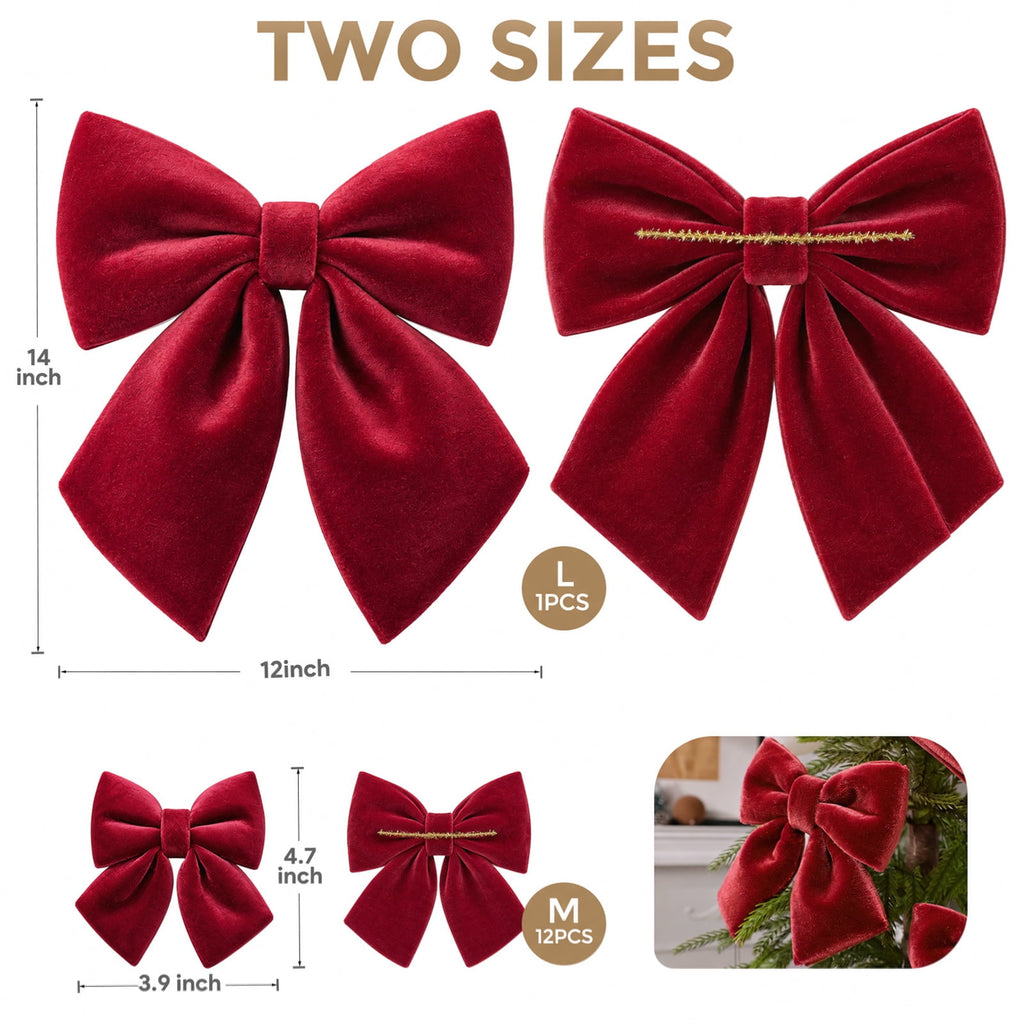 Ayieyill 13 Pack Velvet Red Christmas Tree Bows, Large Christmas Bows for Tree Wreath Stairs Railing Fireplace Indoor Decor