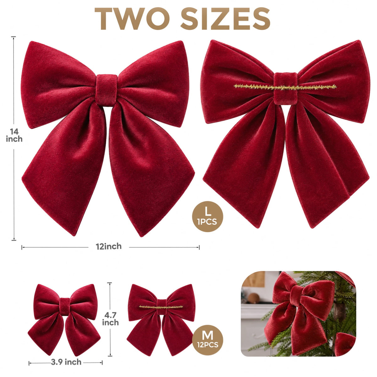 Ayieyill 13 Pack Velvet Red Christmas Tree Bows, Large Christmas Bows for Tree Wreath Stairs Railing Fireplace Indoor Decor