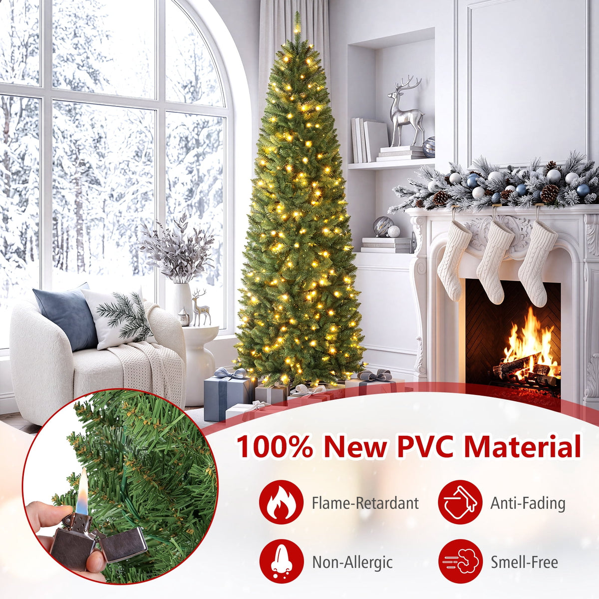 Costway 6Ft Pre-lit Artificial Pencil Christmas Tree Hinged Fir PVC Tree with 250 LED Lights
