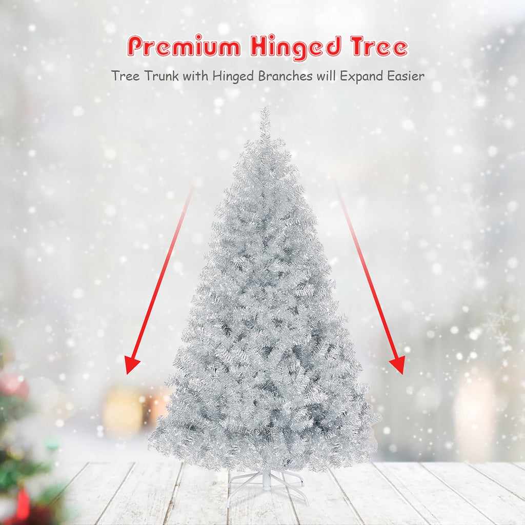 Costway 6Ft Hinged Unlit Artificial Silver Tinsel Christmas Tree Holiday w/Metal Stand
