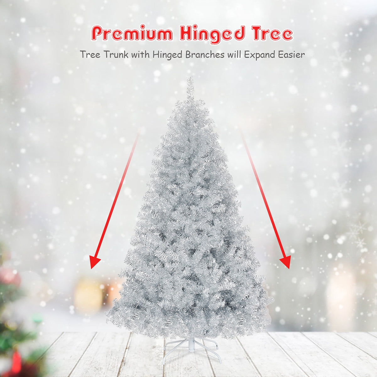 Costway 6Ft Hinged Unlit Artificial Silver Tinsel Christmas Tree Holiday w/Metal Stand