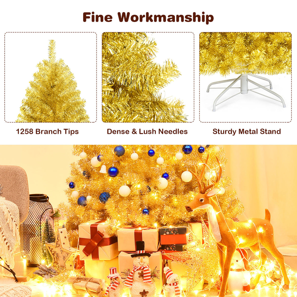 Gymax 7.5FT Tinsel Christmas Tree Artificial Hinged w/ Metal Stand Champagne Gold