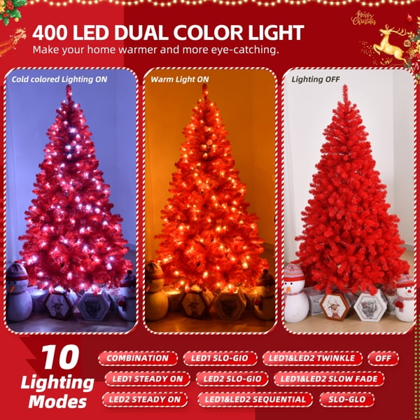 7FT Pre-Lit Red Christmas Tree - 1100 PVC Branch Tips, 400 LEDs, 10 Modes w/Remote, Flame-Retardant Artificial Holiday Centerpiece