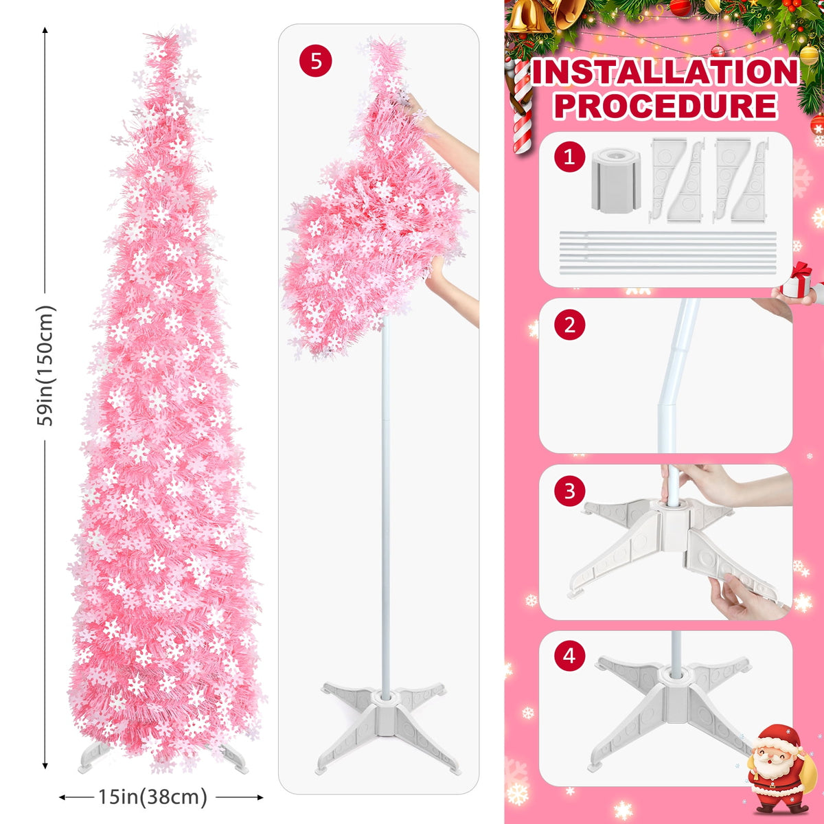 Ayieyill 5ft Pencil Christmas Tree, Collapsible Xmas Tree with Lights, Pop Up Tinsel Tree for Christmas Decorations Indoor, Pink White