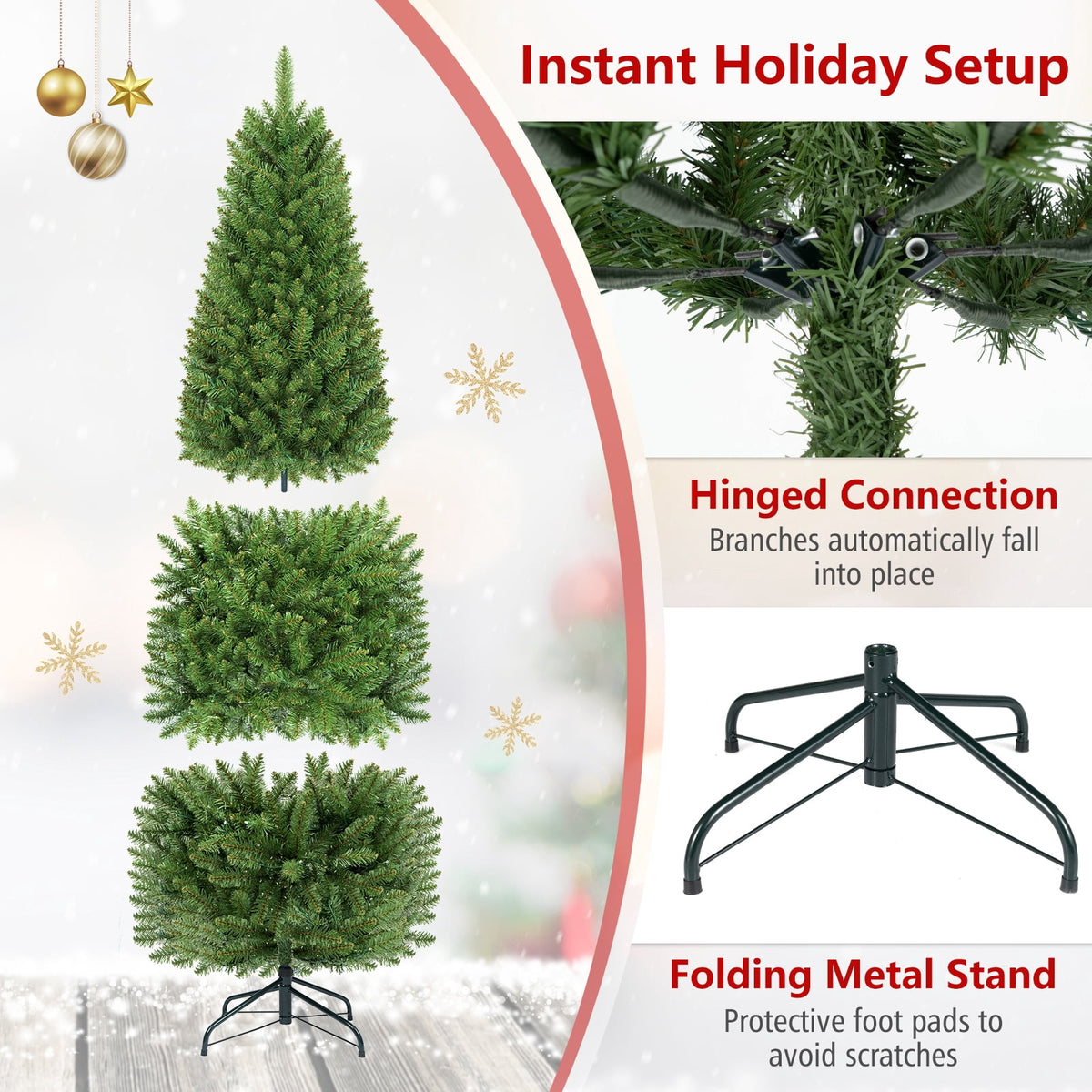 Costway 6Ft Pre-lit Artificial Pencil Christmas Tree Hinged Fir PVC Tree with 250 LED Lights