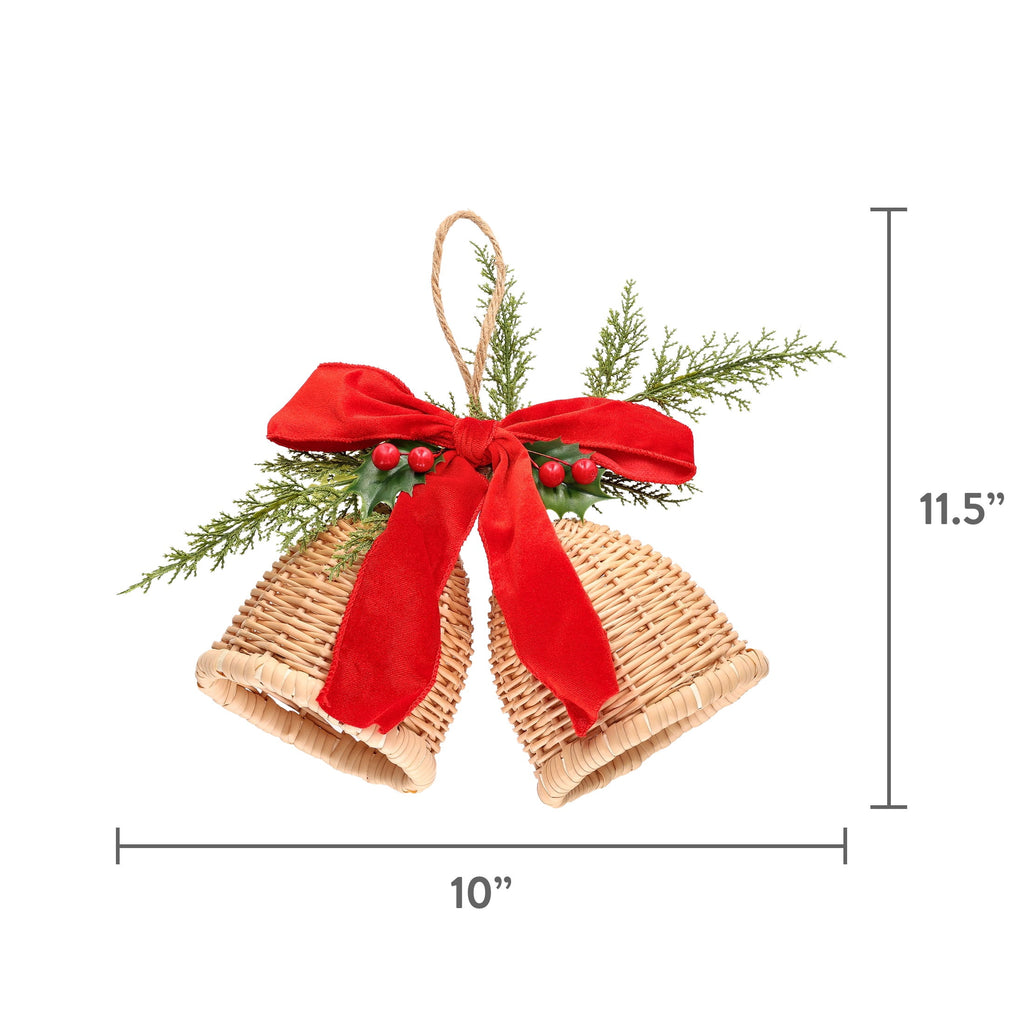 Woven Bells with Bow Hanging Christmas Decoration, Brown/Red/Green, 11.5", by Holiday Time