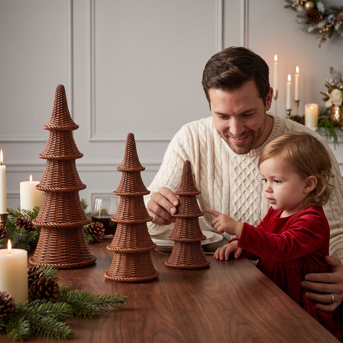 Ayieyill 3 Pcs Woven Christmas Tree Decor Rustic Christmas Tabletop Decor, Farmhouse Table Centerpiece