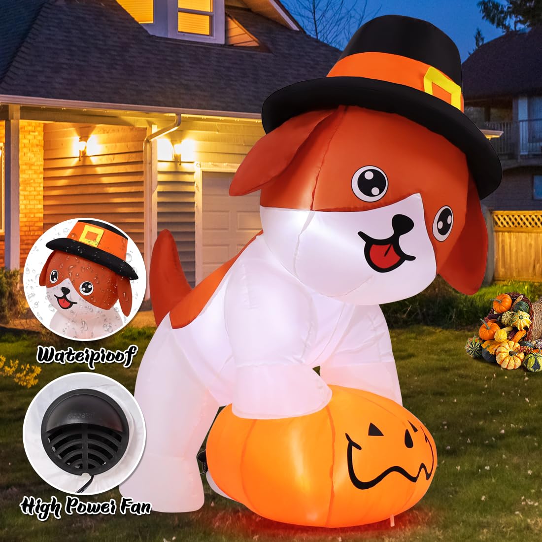 GOOSH 5.2 FT Tall Thanksgiving Inflatables Dog with Pilgrim Hat, Cute Puppy Standing on Pumpkin with Pilgrim Hat with Built-in LEDs, Outdoor Thanksgiving Inflatables Clearance for Garden Party Decor