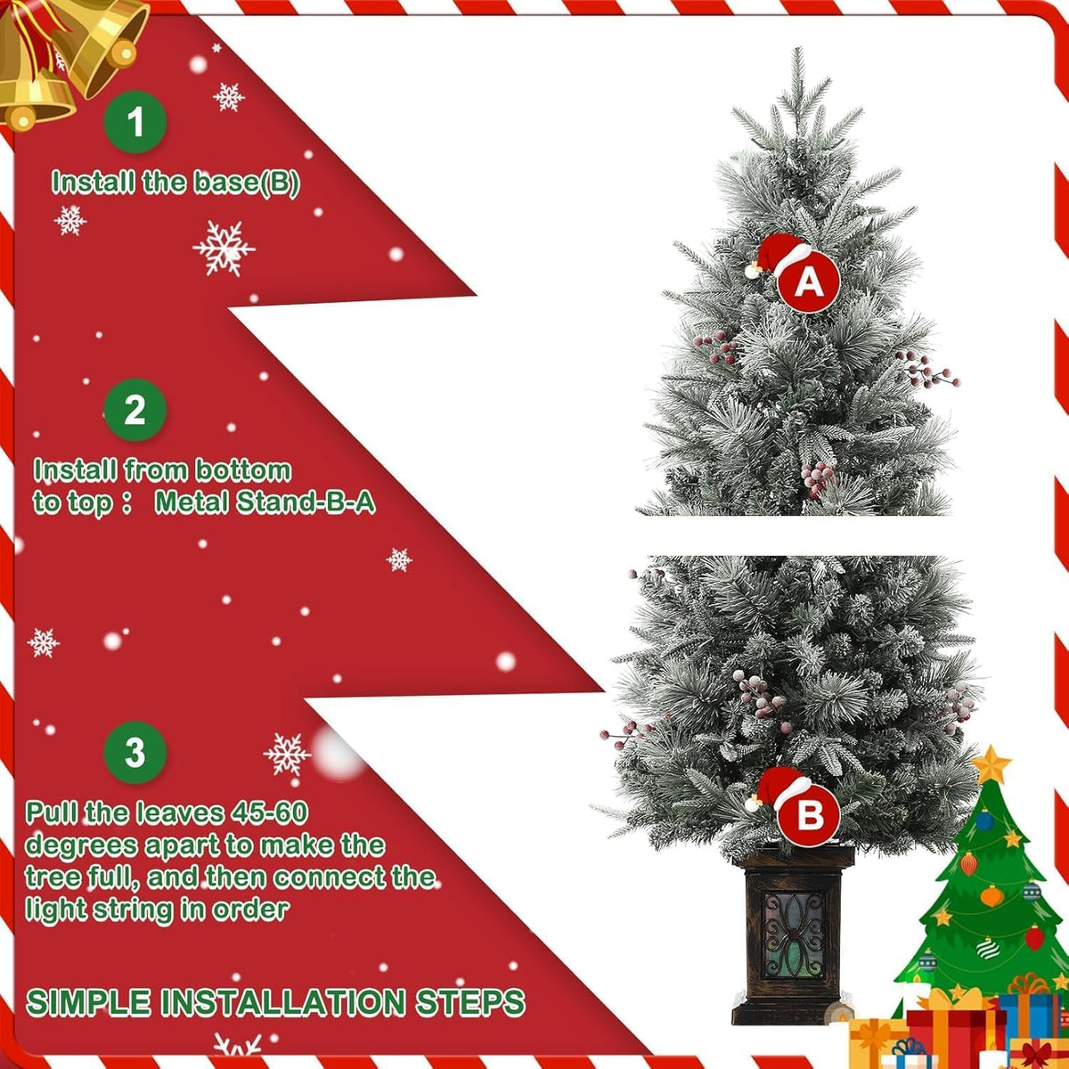4ft Pre-Lit Artificial Christmas Tree with Large Box Base, 200 LED Lights, 4 Red Berries, Full Snow Branch Tips, Small Snowy Christmas Tree for Home, Office