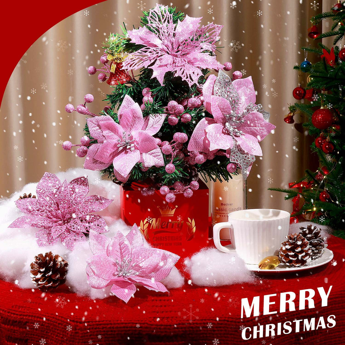 Ayieyill 56Pcs Poinsettia Christmas Flowers Decorations Christmas flower ornaments Artificial Glitter Berry Stems Christmas Pine Cones Christmas Tree Ornaments Set Christmas Tree Decorations (Blue)