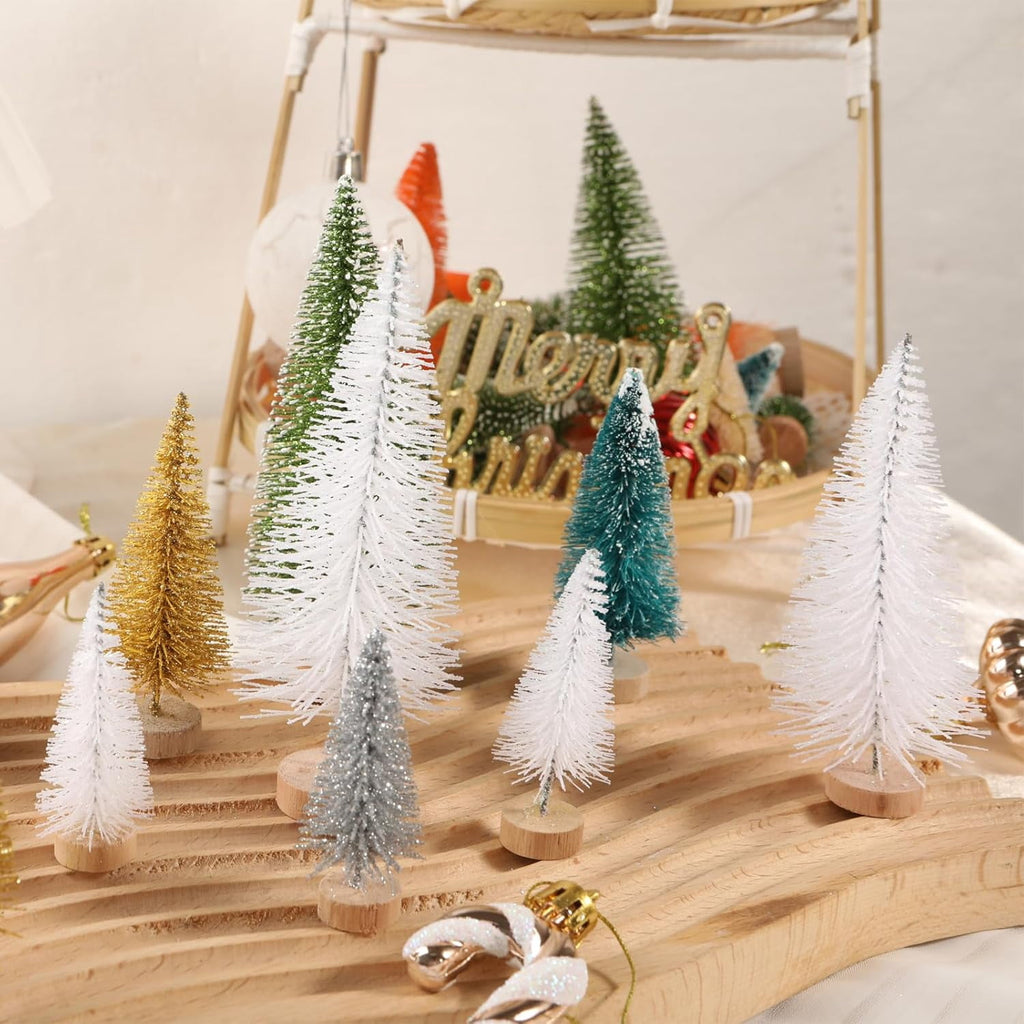 8 Pcs Artificial Mini Christmas Trees, Miniature Pine Trees Sisal Trees with Wood Base Tabletop Christmas Tree for Christmas Xmas Holiday New Year