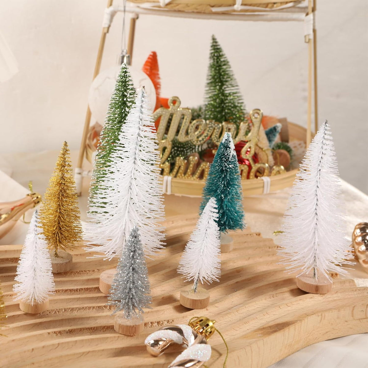 8 Pcs Artificial Mini Christmas Trees, Miniature Pine Trees Sisal Trees with Wood Base Tabletop Christmas Tree for Christmas Xmas Holiday New Year