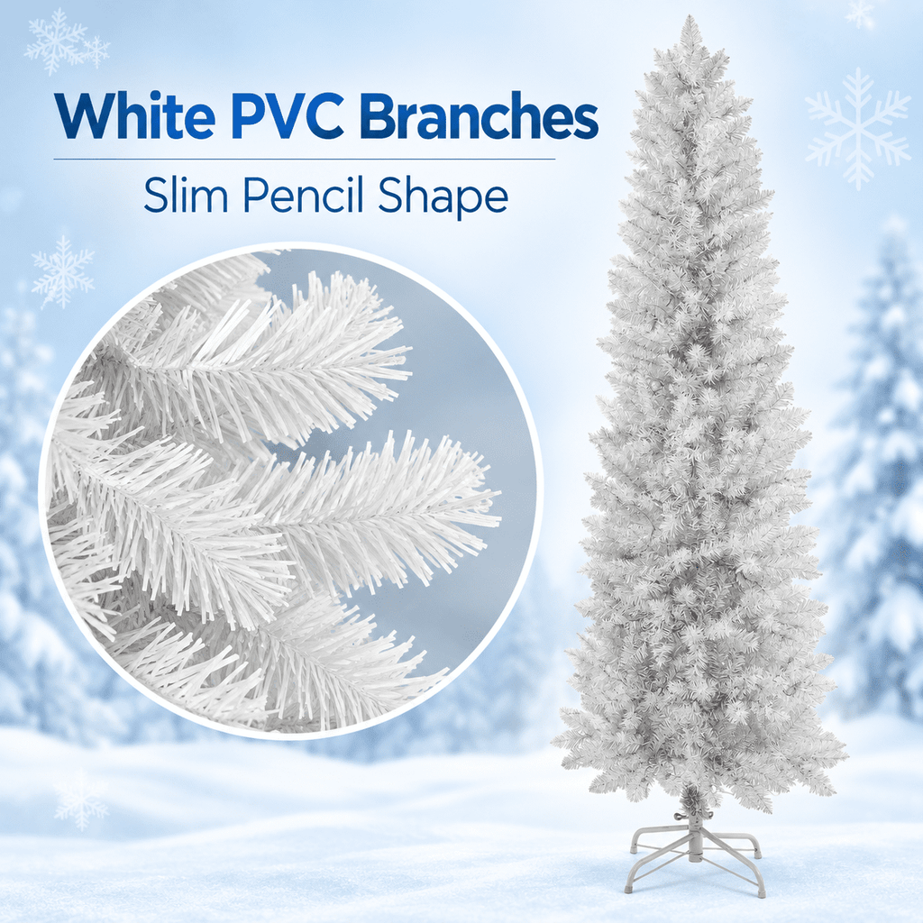 TENSAKEE 6 ft White Pencil Christmas Tree, Slim Pre-Lit Snow Flocked Artificial Xmas Tree with 571 Branch Tips, Party Decor
