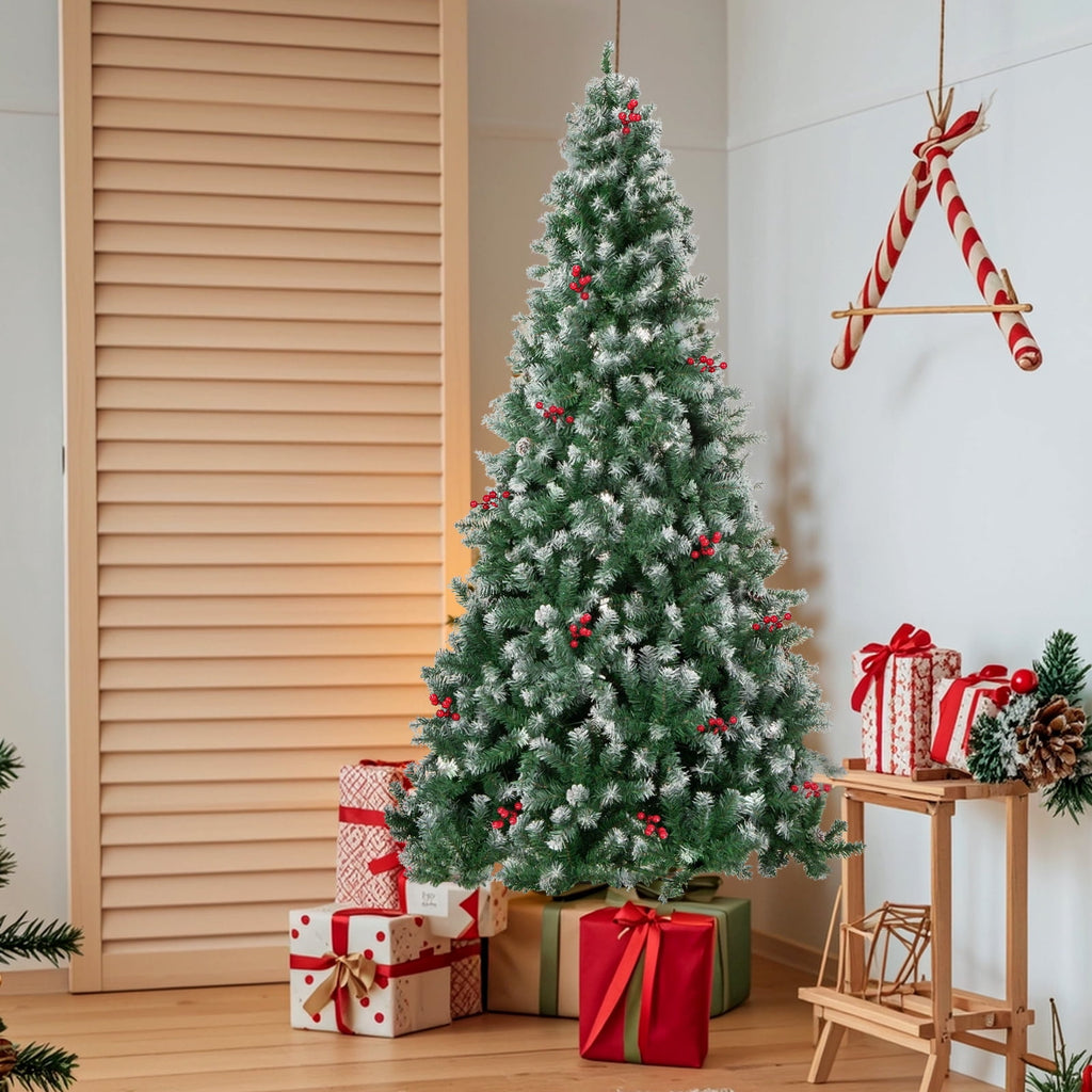 6FT Pre-Decorated Artificial Christmas Tree w/ 800 PVC Branch Tips, Red Berries for Home Office Party Decoration, Partially Flocked Design Xmas Trees w/ Dense Branches & Metal Stand