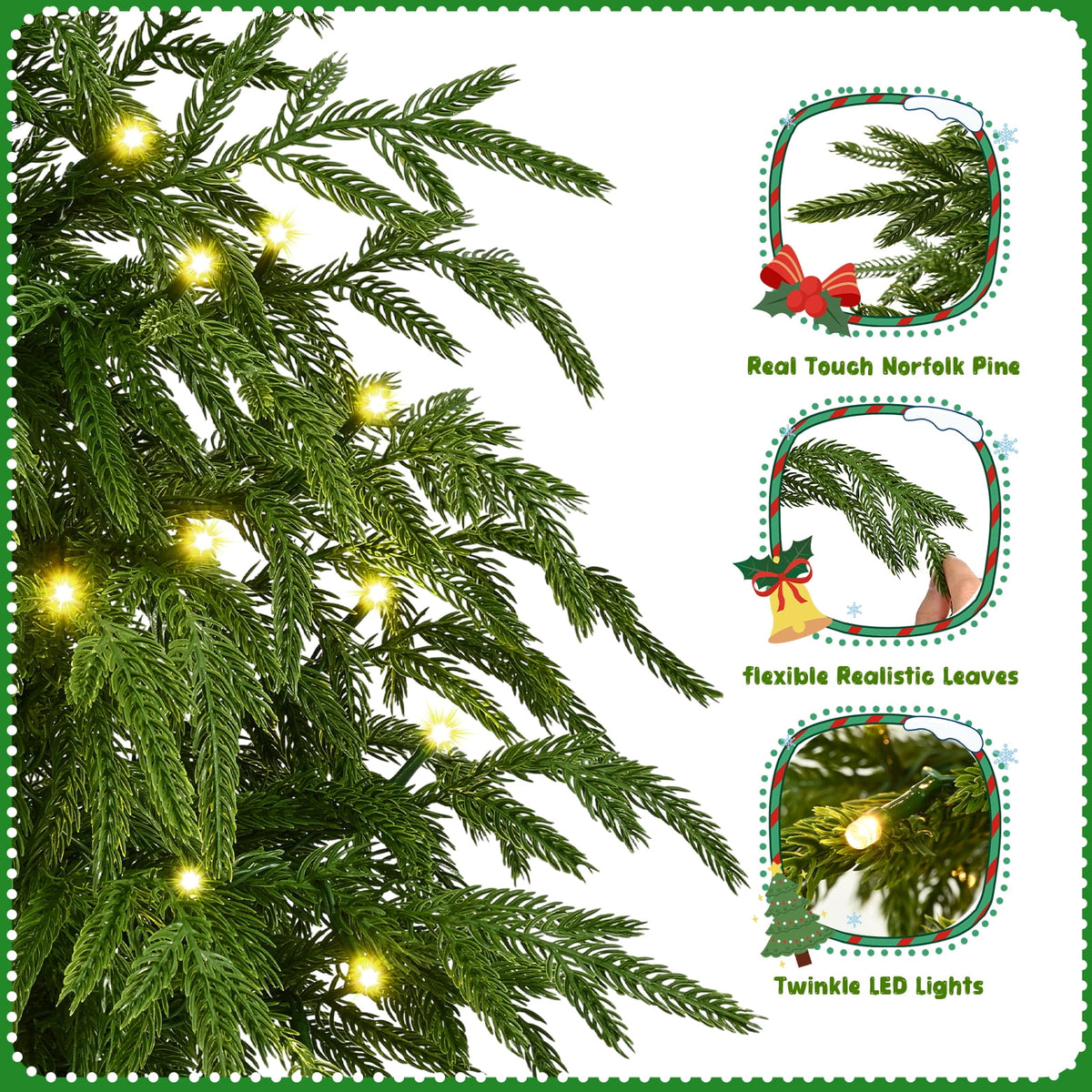 Yastouay 2FT Tabletop Christmas Tree Artificial Norfolk Pine Pre-Lit Xmas Tree with Lights for Front Porch Indoor Outdoor Christmas Decor