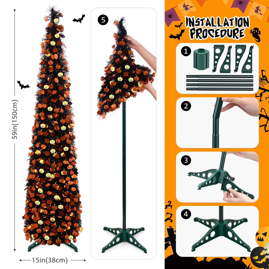 Ayieyill 5ft Halloween Tree Prelit, Pencil Pop up Tree with Light Halloween Decoration | Indoor | Black