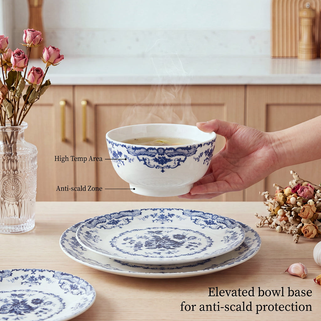 Onader 12 Piece Tableware Set, Rose Floral Dinnerware Set for 4, Ceramic Plates and Bowls Sets for Home Kitchen Restaurant, Scratch Resistant & Microwave Safe, Red