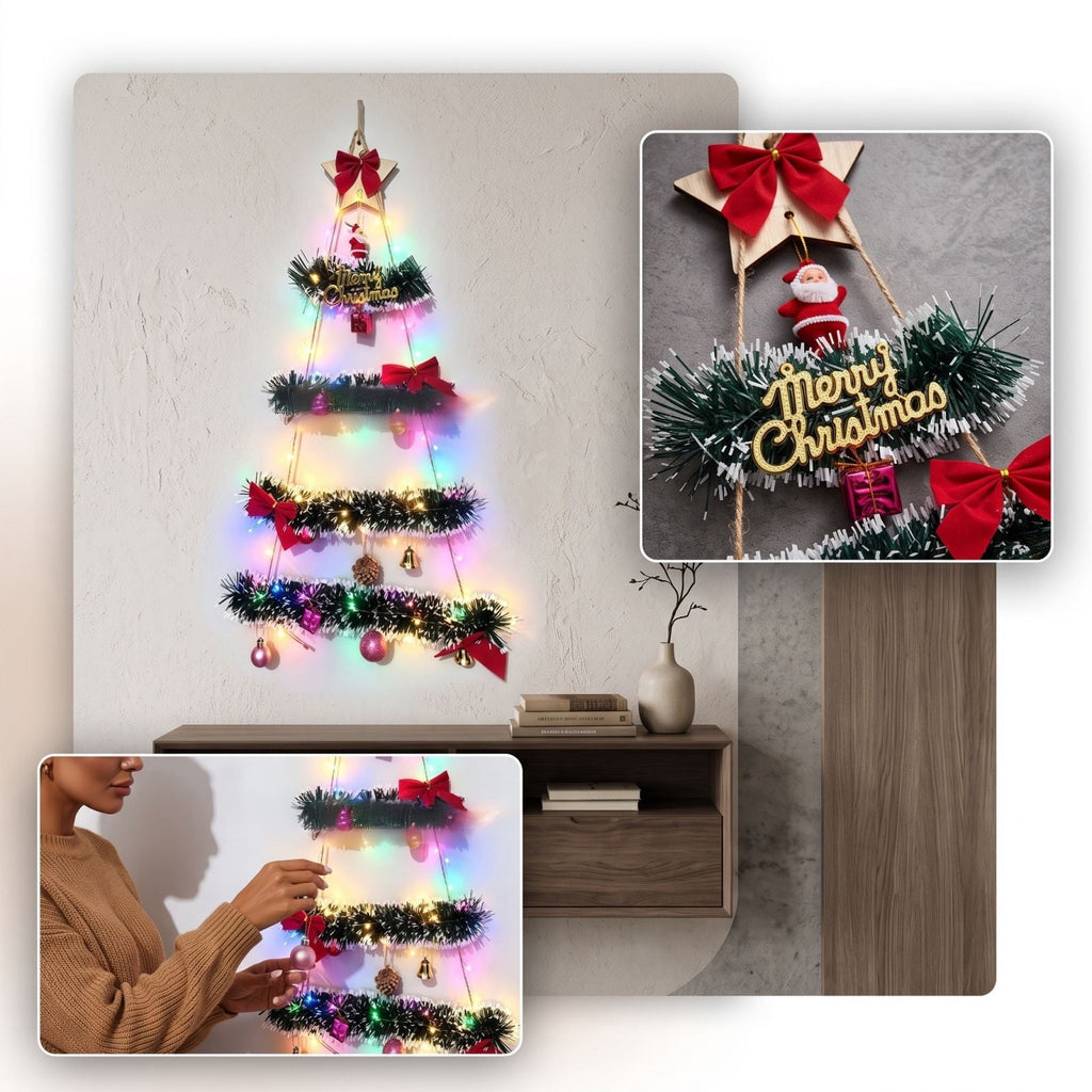 DIY Wall Mounted Christmas Trees with LED Light, Wall Hanging Christmas Tree, Space-Saving Christmas Decor Ideas for Small Space Home Holiday Decoration, 100x40cm