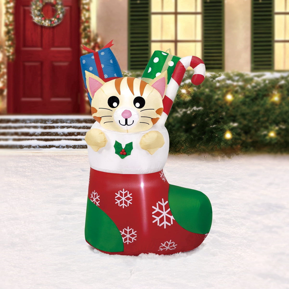 Multicolor Cat in Stocking Christmas Yard Inflatable, 4.5', by Holiday Time