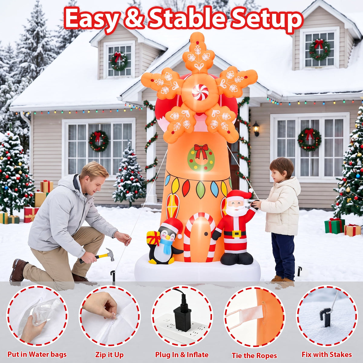 Firstness 7.7Ft High Christmas Inflatables Spinning Windmill with Santa and Penguin, Christmas Blow ups with LED Lights, Outdoor Yard Decoration
