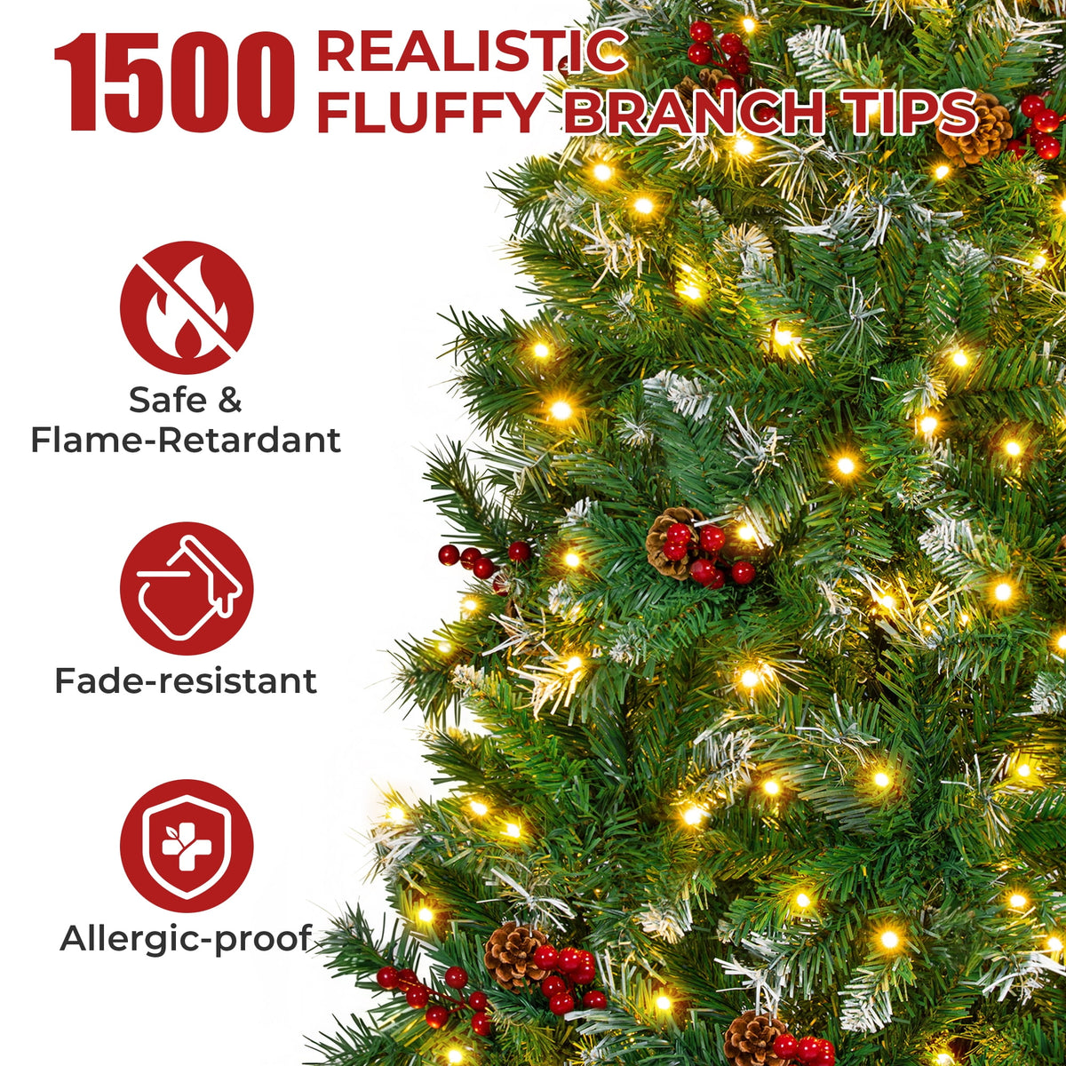 Firstness 6ft Pre-Lit Artificial Christmas Tree with Storage Bag, Warm & Multicolor Xmas Tree with 975 Branch Tips,Pine Cones + Red Berries