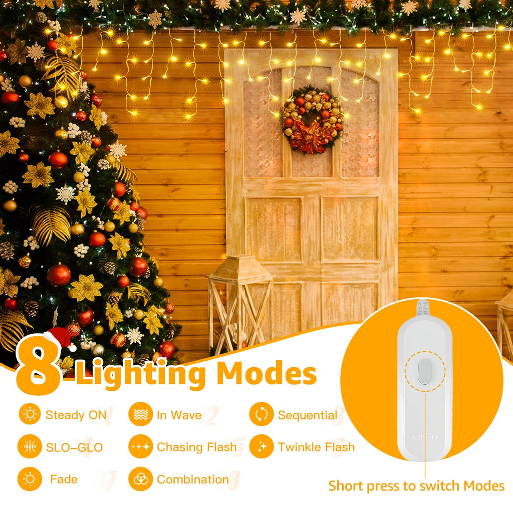 Ollny 24ft 216 LED Icicle Lights for Outside, 8 Lighting Modes 3 Timing Waterproof Icicle Christmas Lights Indoor Outdoor Decorations, White